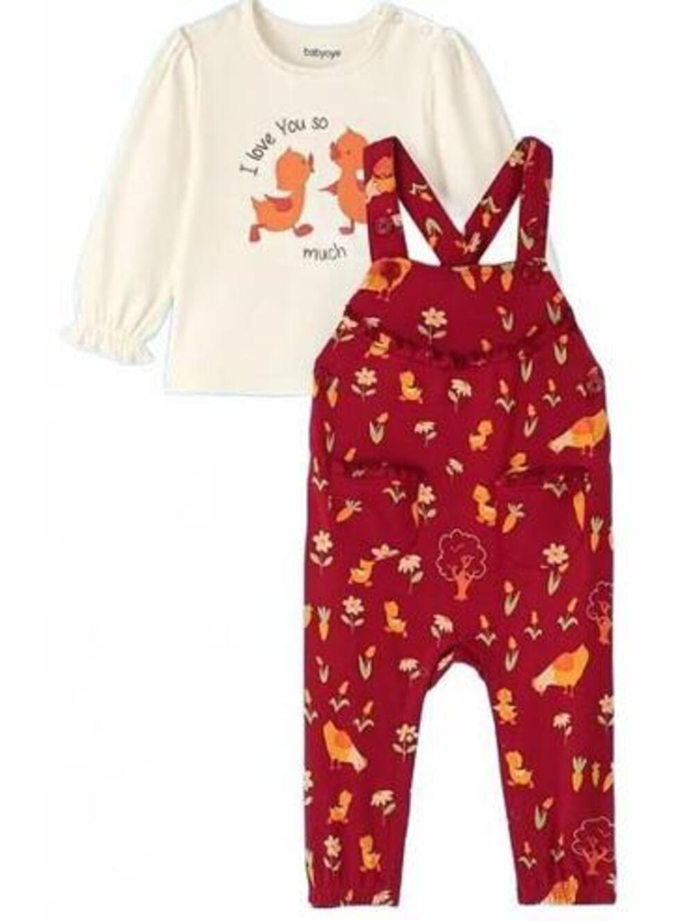 babyoye Infant Long Sleeve Shirt and Red Overalls Set with Duck Print